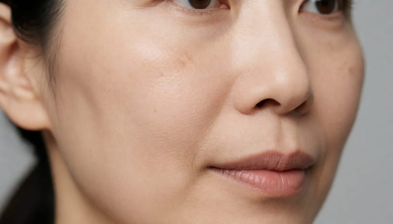 기미의 색과 위치를 보여주는 얼굴 피부 클로즈업