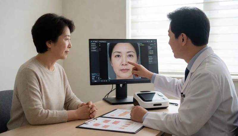 피부 진단 모니터를 보며 상담받는 환자와 의사
