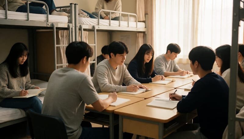 기숙사 다인실에 학생들이 밀집해 지내는 모습