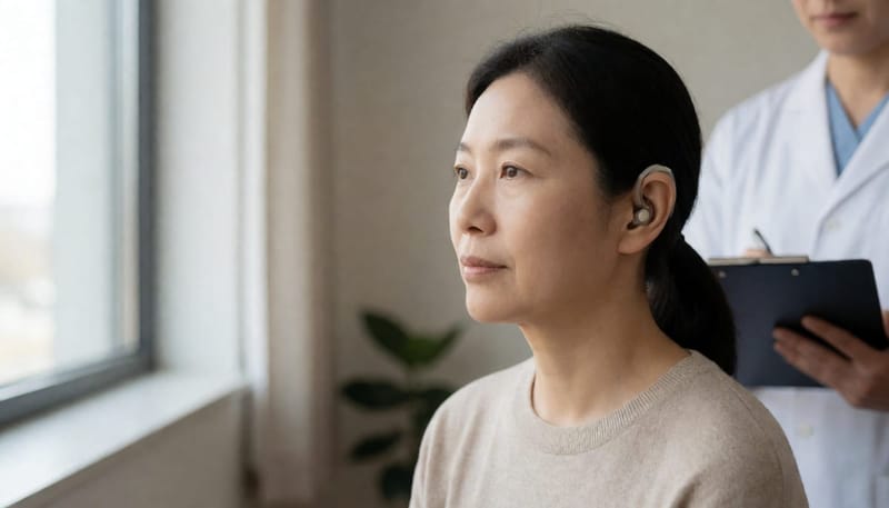 후유증으로 청력 재활을 받는 젊은 여성의 모습