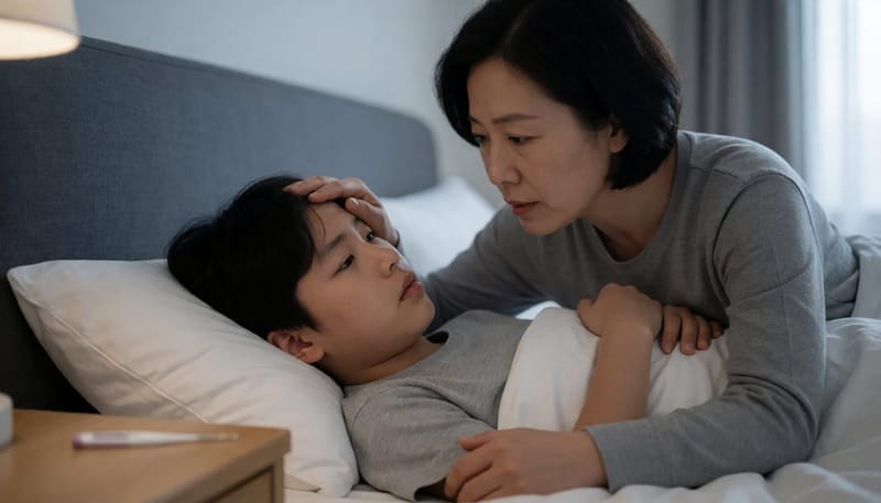 고열 증상을 보이는 자녀의 이마를 짚어보는 어머니