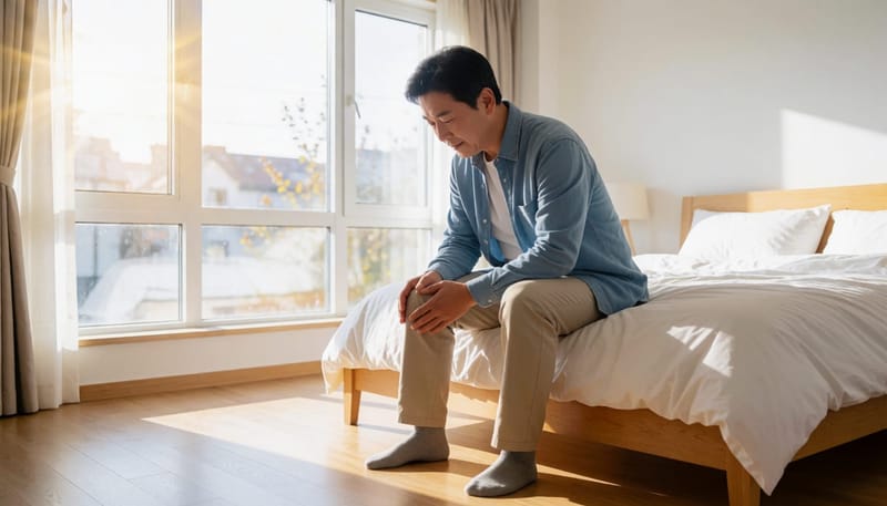 침대에 걸터앉아 무릎을 손으로 감싸며 불편해하는 남성