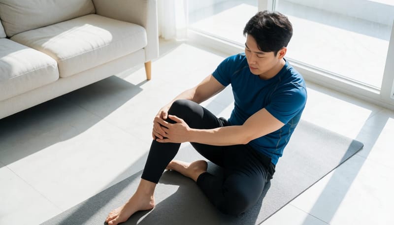 집에서 매트 위에 앉아 무릎 스트레칭을 하는 남성