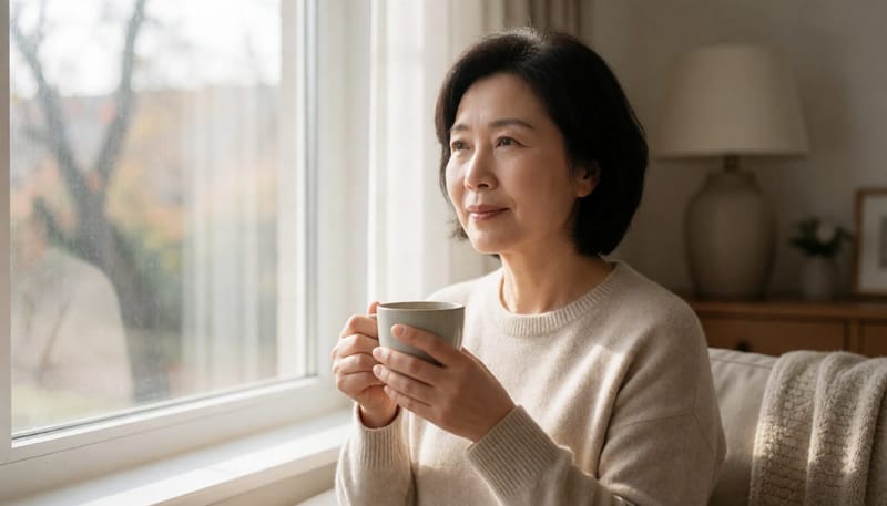 창가에서 차 마시는 중년 여성