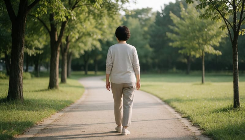 공원을 산책하는 중년 여성 뒷모습