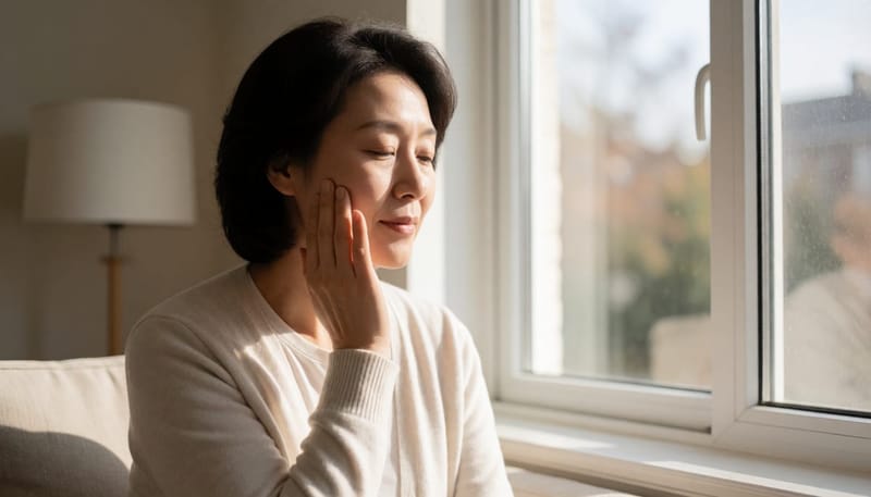 창가에서 상기된 뺨에 손을 대고 있는 여성