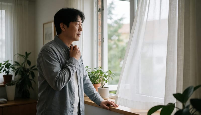 창문 옆에서 옷깃을 만지며 더위를 느끼는 남성
