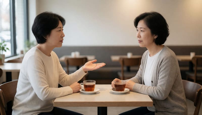 카페에서 대화를 나누는 두 여성