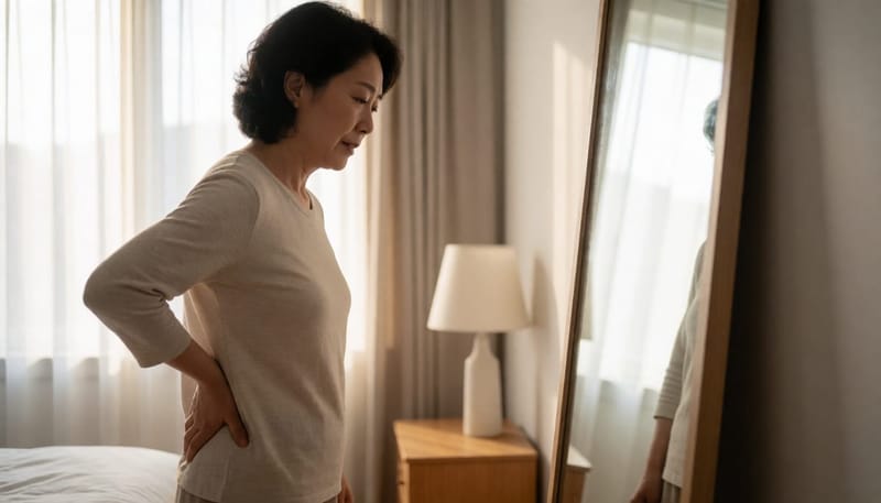 거울 앞에서 굽은 등을 살펴보는 중년 여성