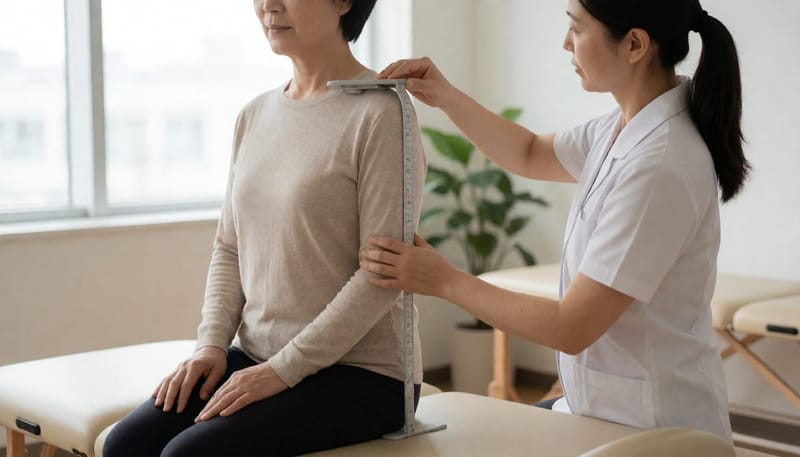 물리치료사가 자세와 어깨 정렬을 측정하는 모습