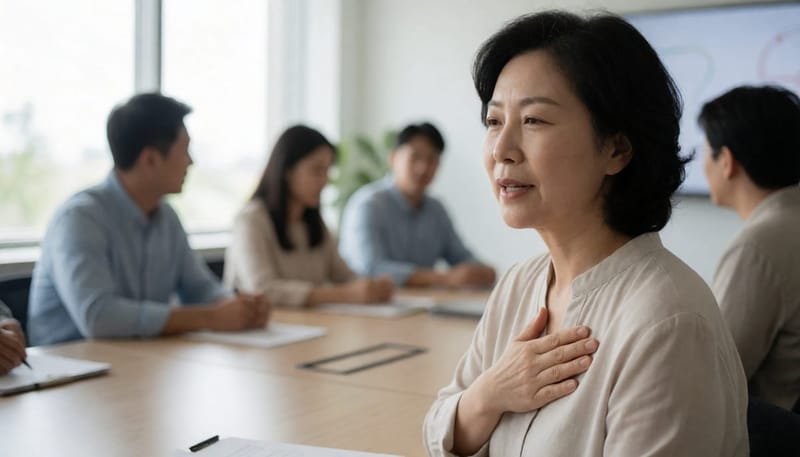 회의 중 말을 멈추고 가슴에 손을 얹은 40대 후반 여성