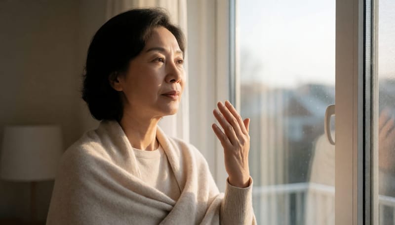 이른 아침 창가에서 열감을 느끼며 부채질하는 50대 초반 여성