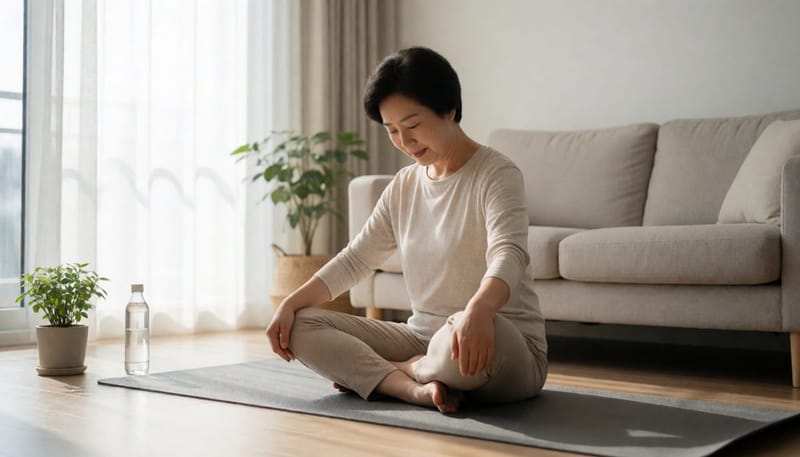 거실에서 스트레칭하는 50대 초반 여성, 전신 로우앵글 구도
