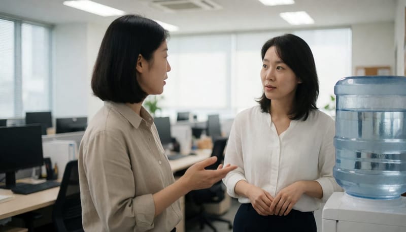 사무실 정수기 앞에서 동료와 대화를 나누는 여성