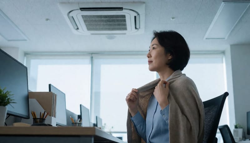 에어컨 바람 아래에서 한기를 느끼며 카디건을 여미는 여성