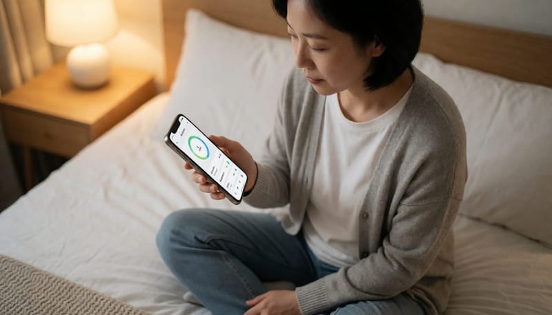 침대에 앉아 생리 주기 앱을 확인하는 여성
