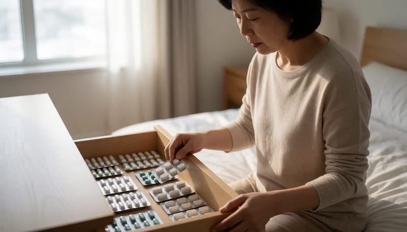 서랍 속에 쌓인 여러 진통제 상자를 바라보는 여성
