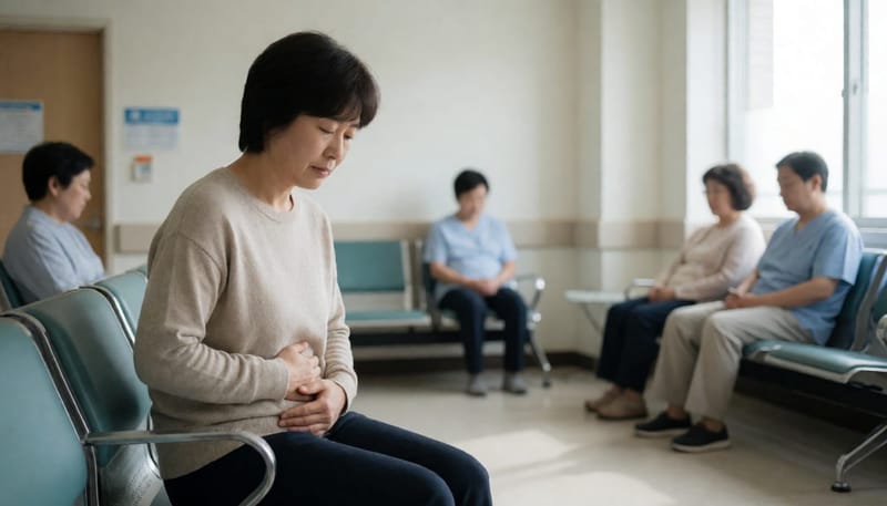 병원 대기실에서 배를 감싸 쥐고 앉아있는 여성
