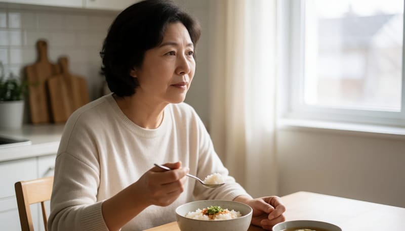 식사 중 문득 입맛 변화를 느끼며 생각에 잠긴 여성
