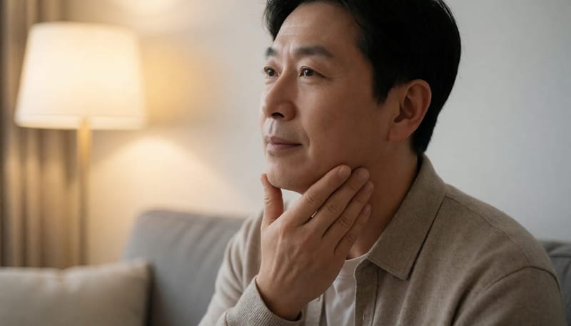 목과 턱 부위를 만지며 불편함을 느끼는 남성의 옆모습