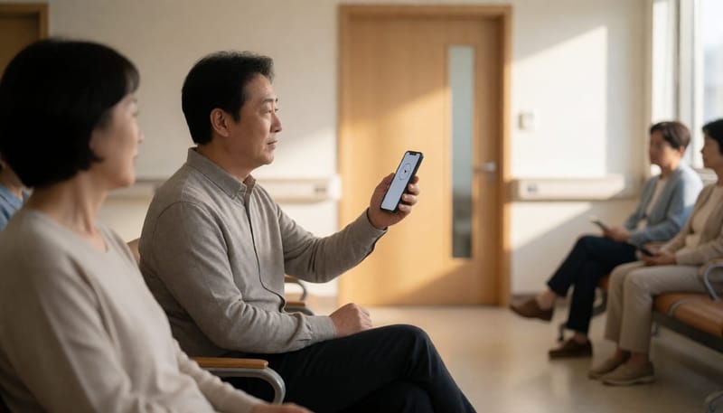 진료실 문을 바라보며 시간을 확인하는 대기 중인 환자