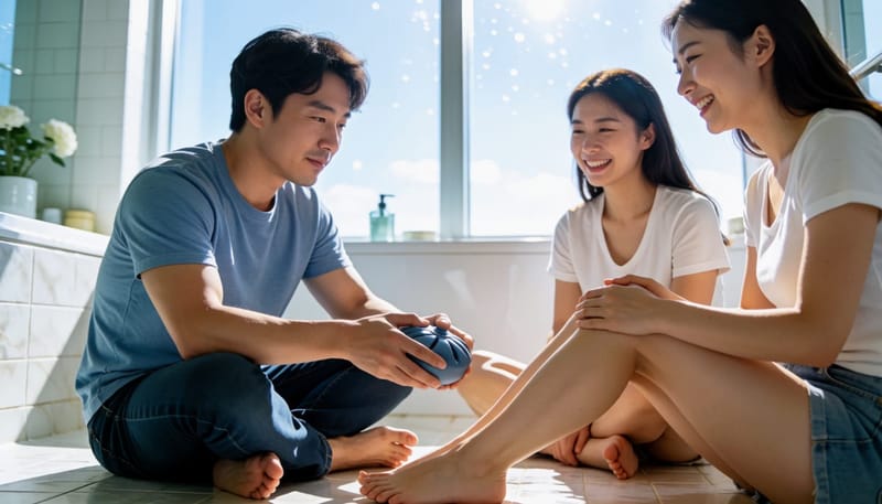 발등에 얼음팩을 세게 눌러 대고 있는 남성