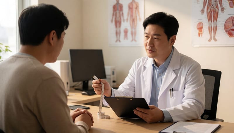 의사가 줄자를 들고 환자에게 측정 방법을 설명하는 진료실 장면