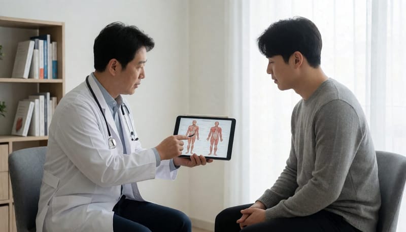 의사가 태블릿 도표로 신체 특징을 설명하는 상담 장면