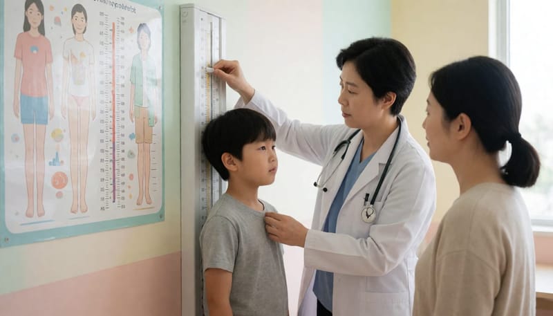 소아과에서 성장 차트 옆에서 키를 재는 아이와 의사 모습