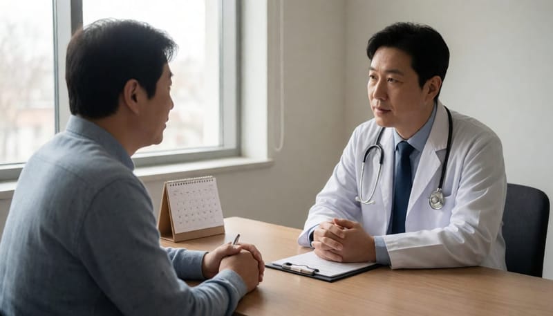 의사와 성인 환자가 진료실 책상에서 상담하는 장면