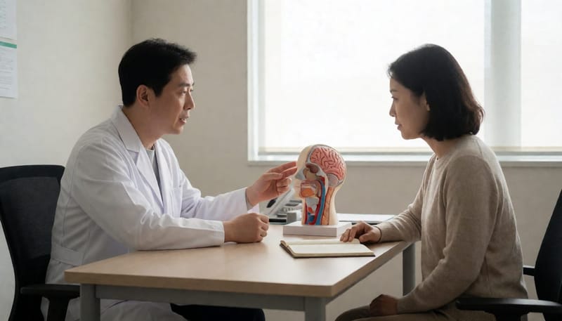 의사가 두상 모형을 가리키며 편두통 원인을 환자에게 설명하는 모습