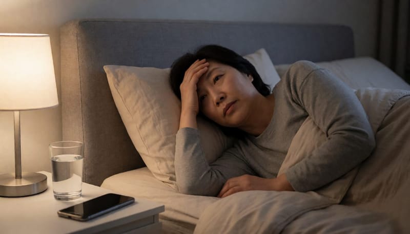 밤에 잠들지 못하고 이마를 짚은 채 뒤척이는 여성의 모습