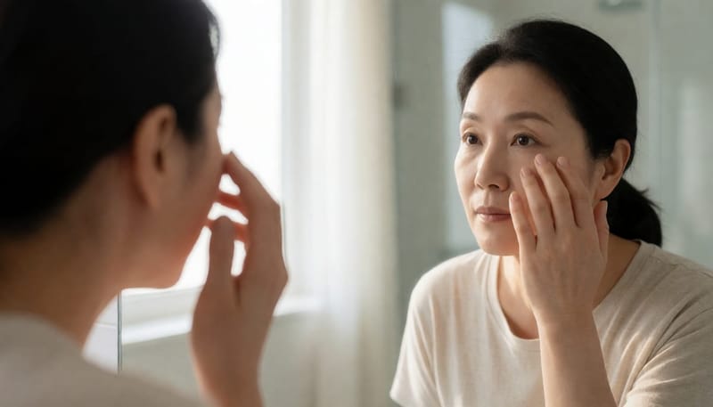 거울로 눈의 황달 여부를 확인하는 여성