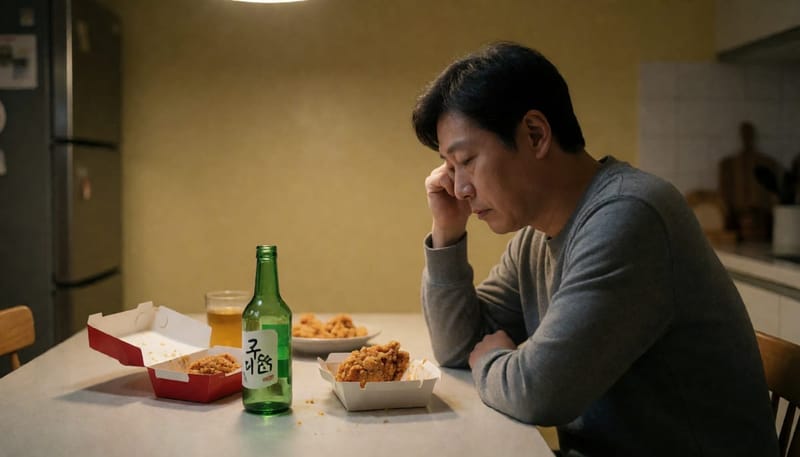 야식과 술로 지방간 위험을 보여주는 남성