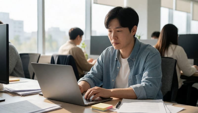 어수선한 책상 앞에서 집중하지 못하고 산만해하는 직장인 남성의 모습