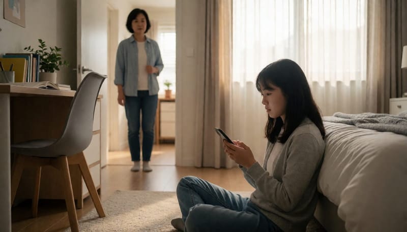 방바닥에 앉아 무기력한 표정을 짓는 청소년과 걱정스레 바라보는 어머니