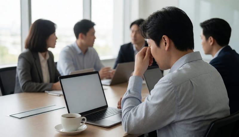 회의 중 피곤한 표정으로 눈을 비비는 직장인 남성