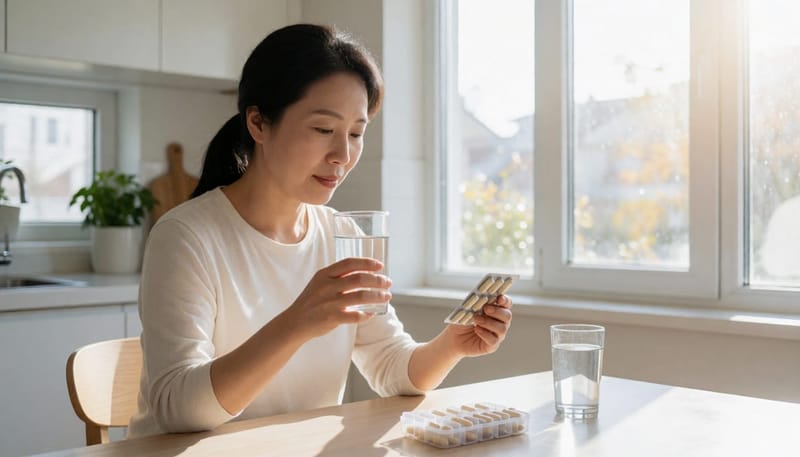 아침 식탁에서 요일별 알약 케이스를 보며 캡슐을 챙기는 여성
