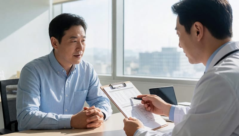 진료실에서 검사 결과지를 보며 환자에게 설명하는 남성 의사