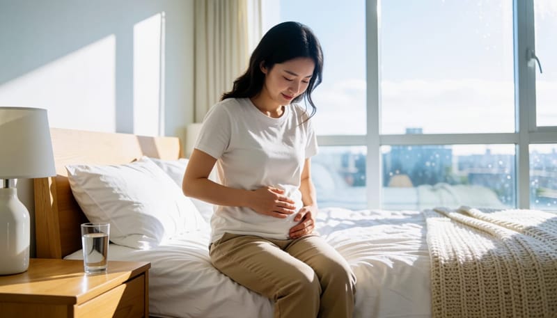 침대에 앉아 배를 살짝 짚으며 몸 상태를 살피는 여성