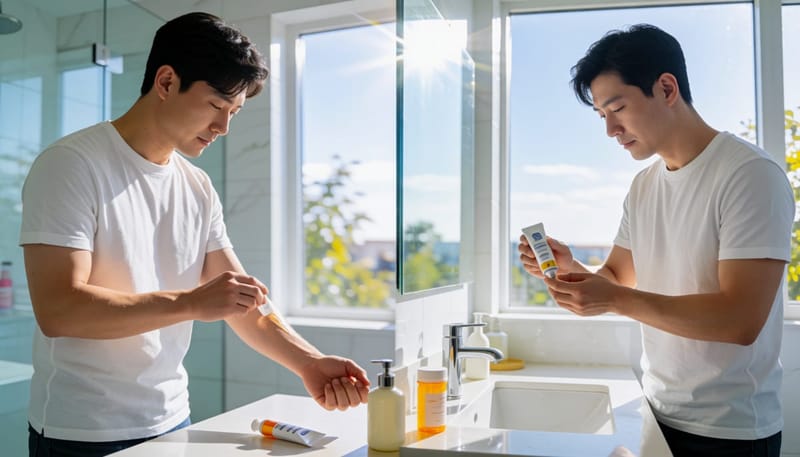욕실에서 연고를 바르는 남성과 옆에 놓인 알약통