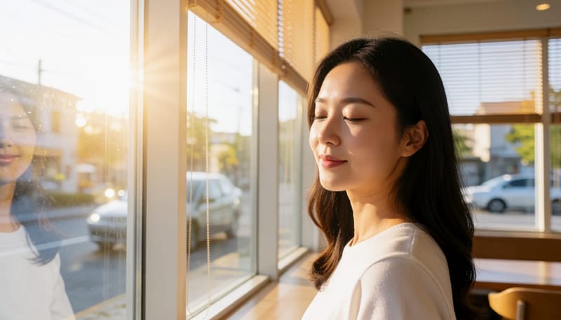 환절기 오후 햇빛이 창문으로 들어오는 카페에서 빛을 향해 얼굴을 돌린 여성