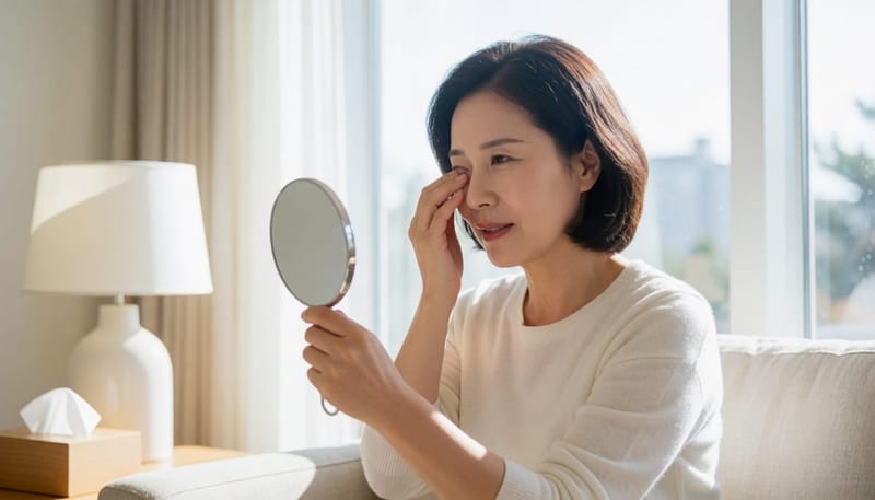 집 소파에서 손거울로 눈을 확인하며 눈을 비비는 여성