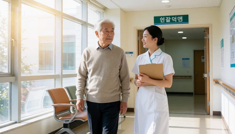 병원 복도에서 간호사와 함께 진료실로 이동하는 환자