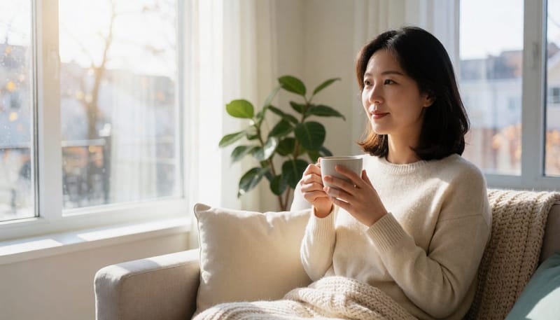 창가 소파에 앉아 차를 마시며 생각에 잠긴 여성