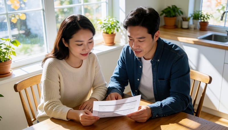 부부가 식탁에서 검사 결과지를 함께 살펴보는 모습