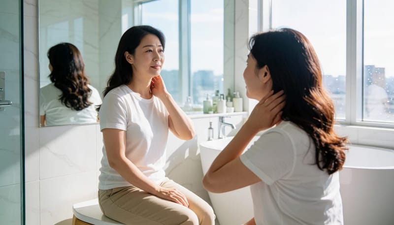 거울 앞에서 목 뒤를 손으로 만져보는 여성