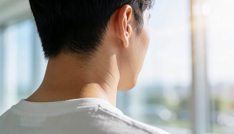 목 뒤 피부 아래 오돌토돌한 혹이 보이는 근접 사진