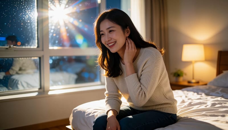 밤에 목 뒤 통증으로 얼굴을 찡그리는 여성