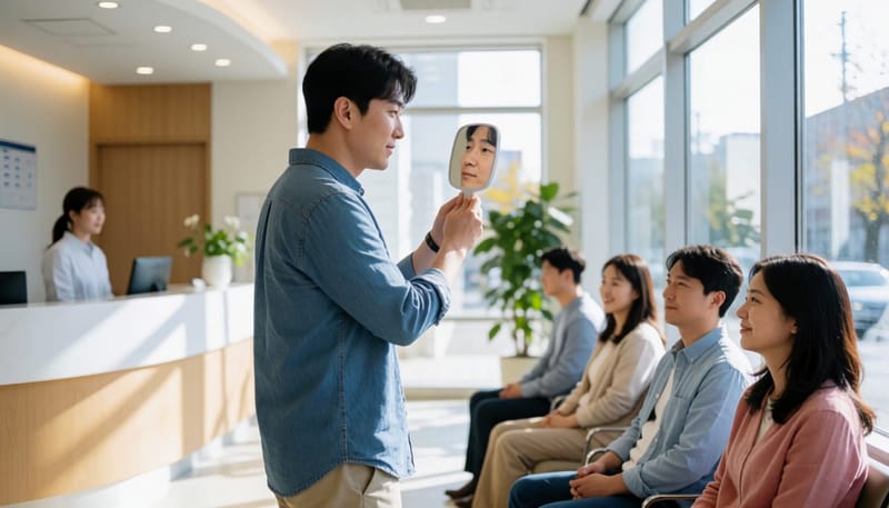 병원 대기실에서 거울로 목 상태를 확인하는 남성